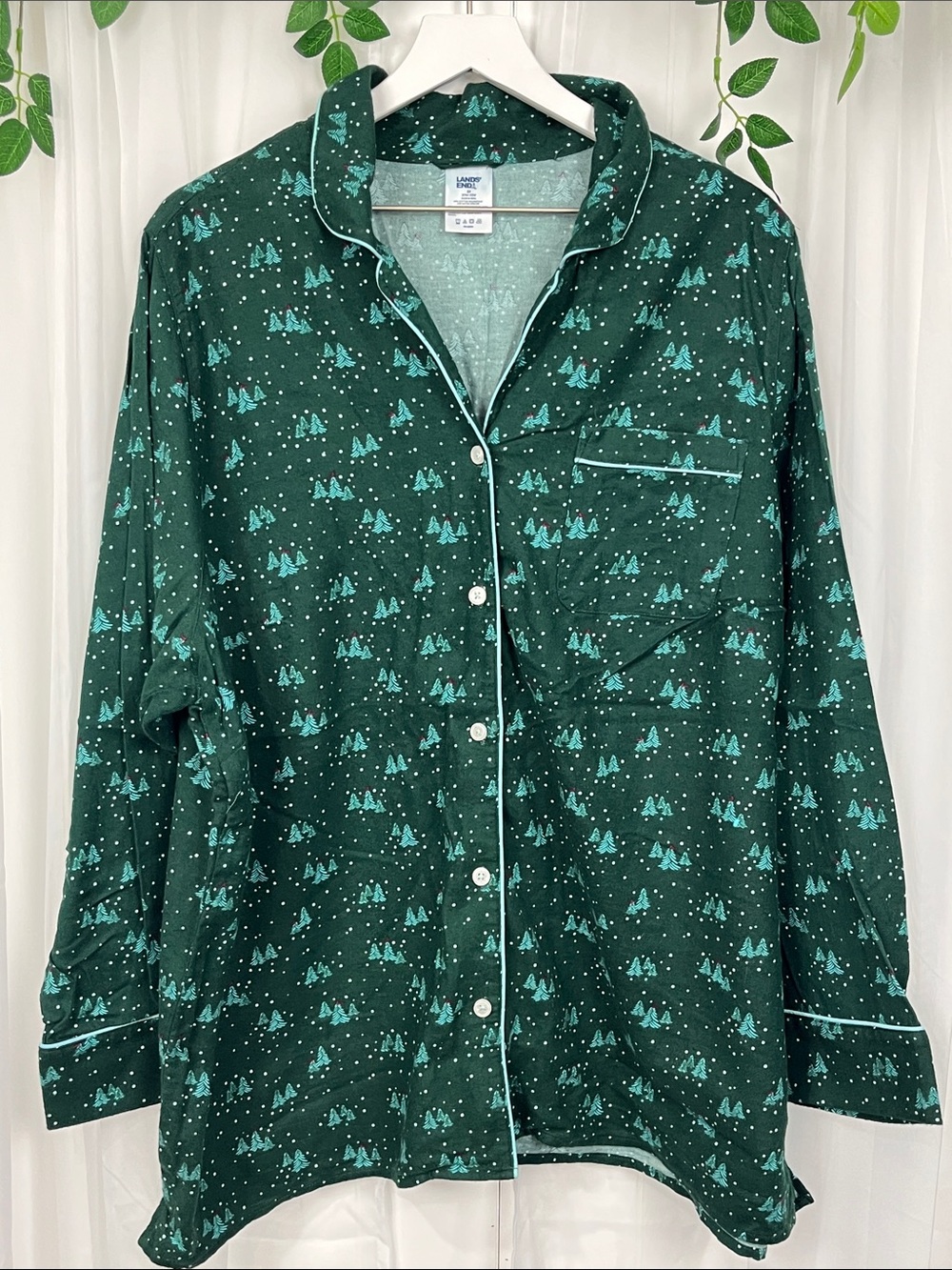 Lands’ End Holiday Pajamas 2X Green Blue Trees Snowflakes Drawstring Waist EUC